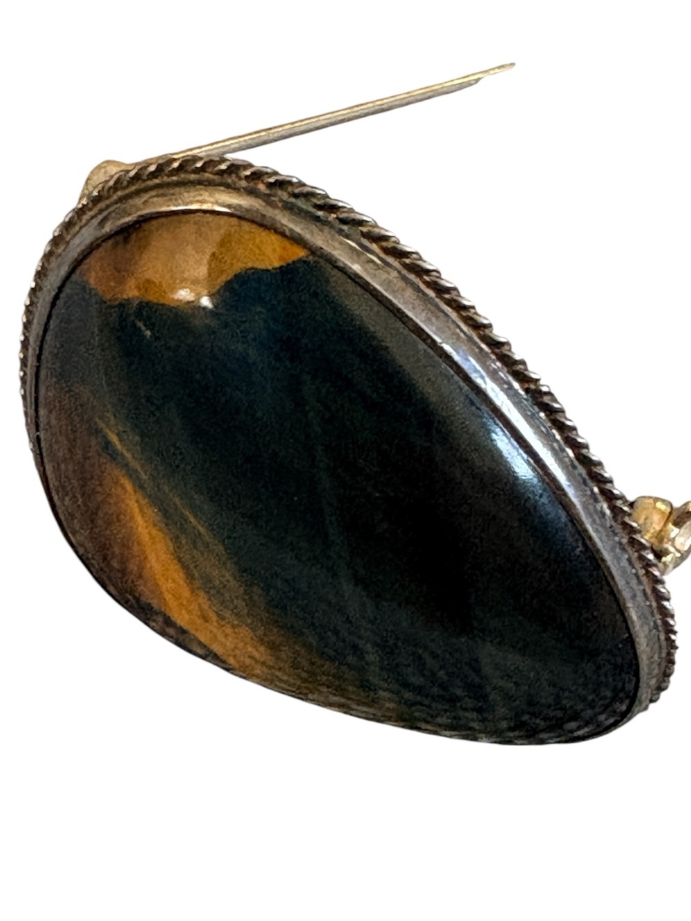 Vintage Blue Tiger Eye Brooch Pendant, Large Hawk’s Eye Gemstone - Picture 12 of 17